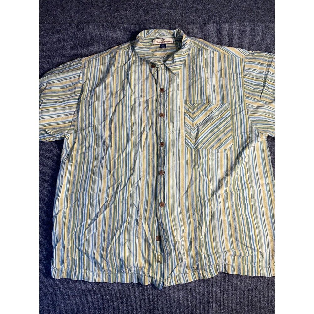Tommy Bahama Shirt Men's XL Multi Striped Silk Short Sleeve Collared Button Down